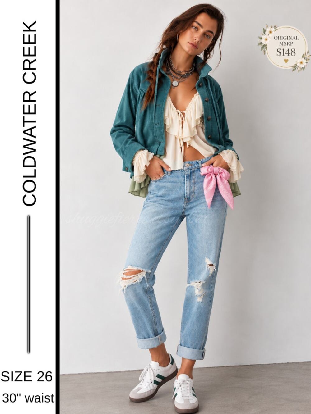 MSRP: $148 | ✨ Juicy Couture Light Boyfriend Jeans – Size 26 | Pink Logo Scarf ✨